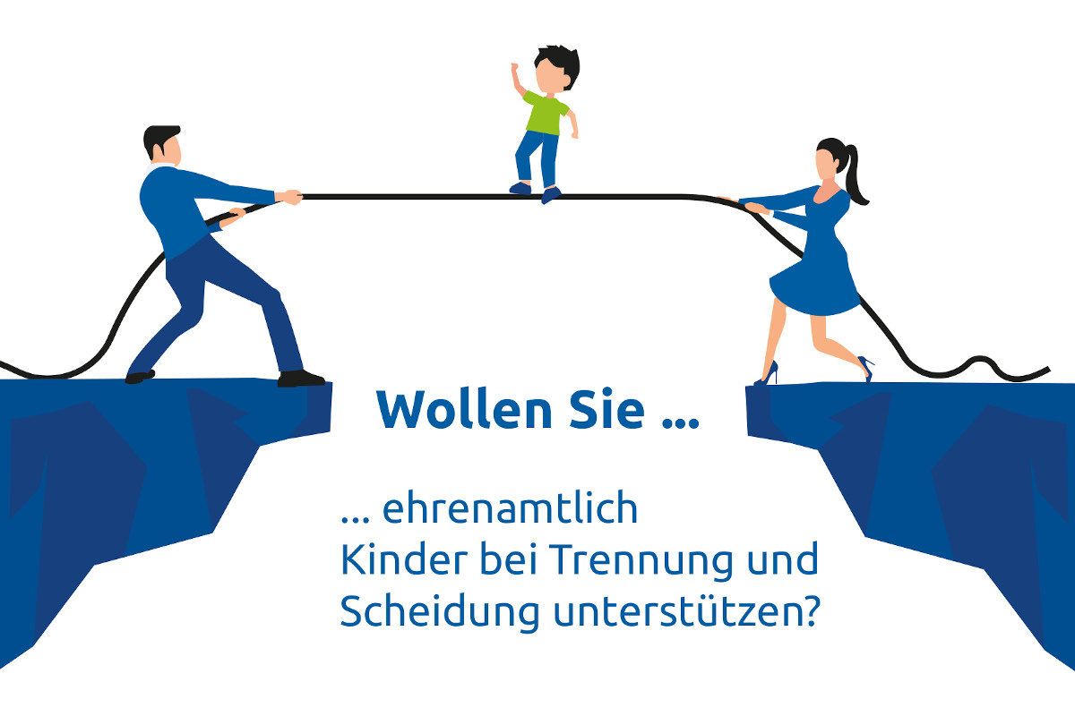 Grafik: rechts und links auf Felsvorsprüngen stehen ein Mann und eine Frausich gegenüber. Sie ziehen an zwei Enden eines Seiles, dasszwischen ihnen über einen Abgrund führt. Darauf balanciert ein Kind.