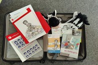 Geöffneter Koffer mit Informationsbroschüren, Kinderbüchern und zwei schwarz-weißen Stoffzebras.