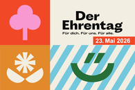Zu sehen ist eine farbige Grafik zum Ehrentag mit Datum und verschiedenen Symbolen.